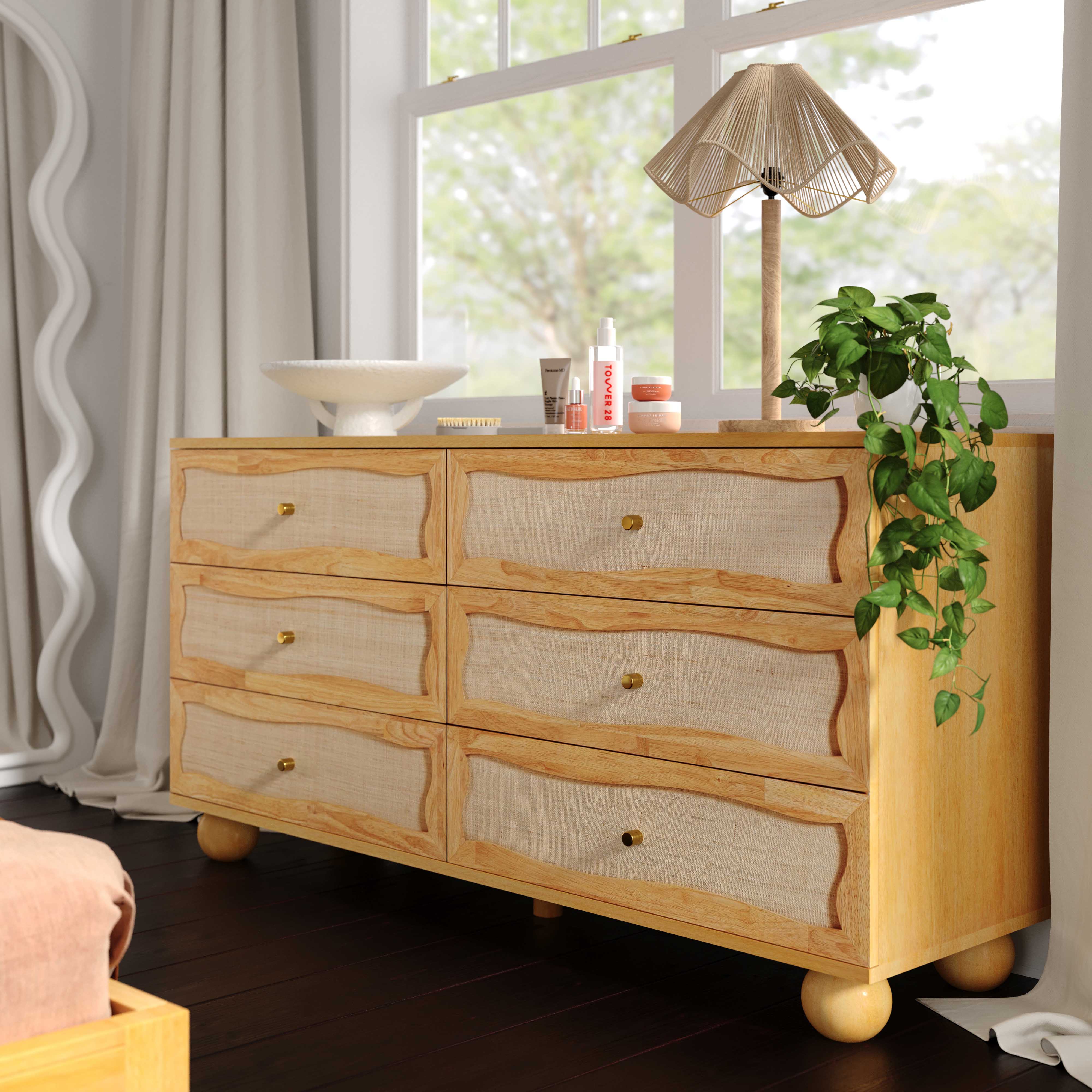 Grappa 62" Natural Wood &amp; Raffia Wavy 6-Drawer Dresser - Image 2
