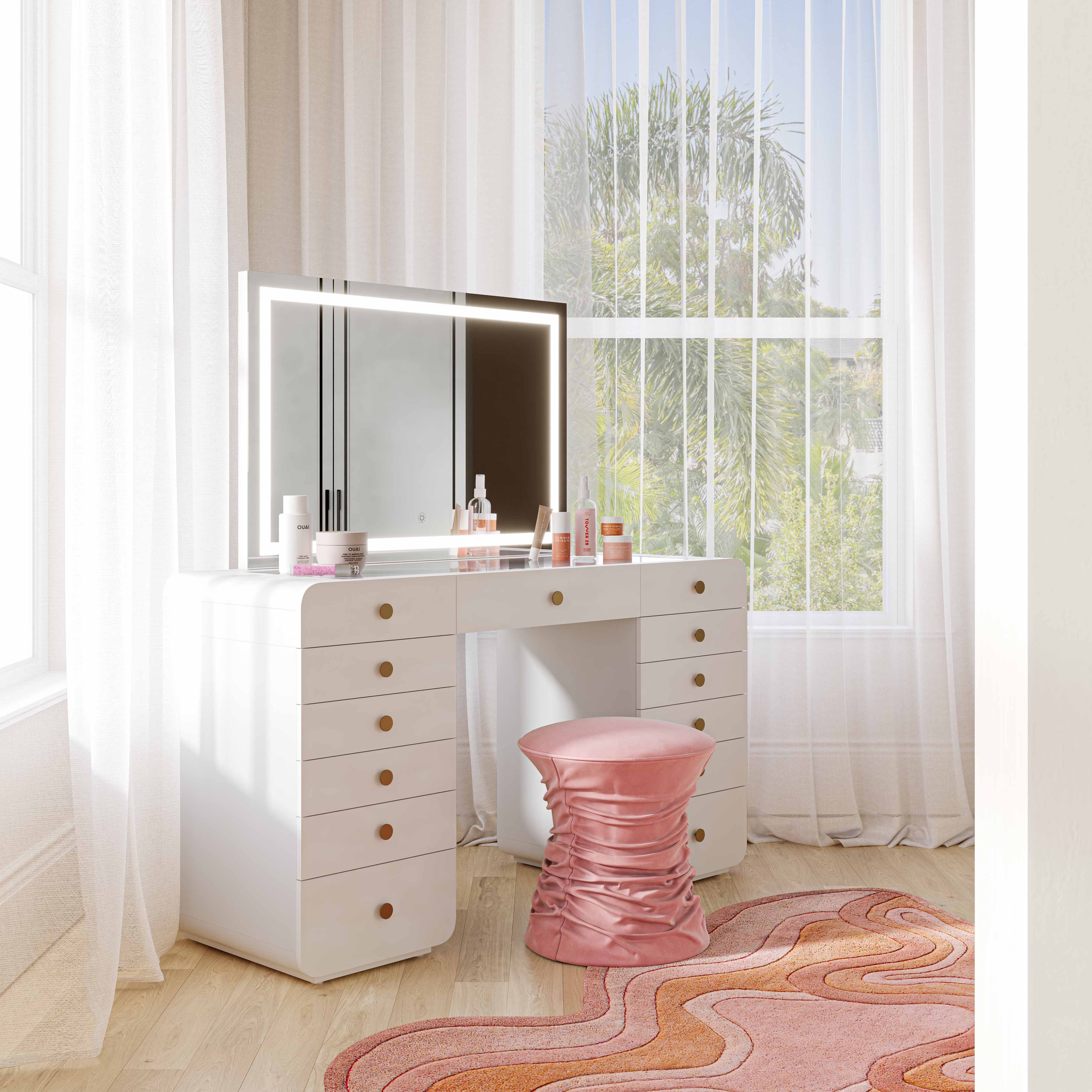 Hollywood 56" White Desk with LED Panel Vanity Mirror - Image 8