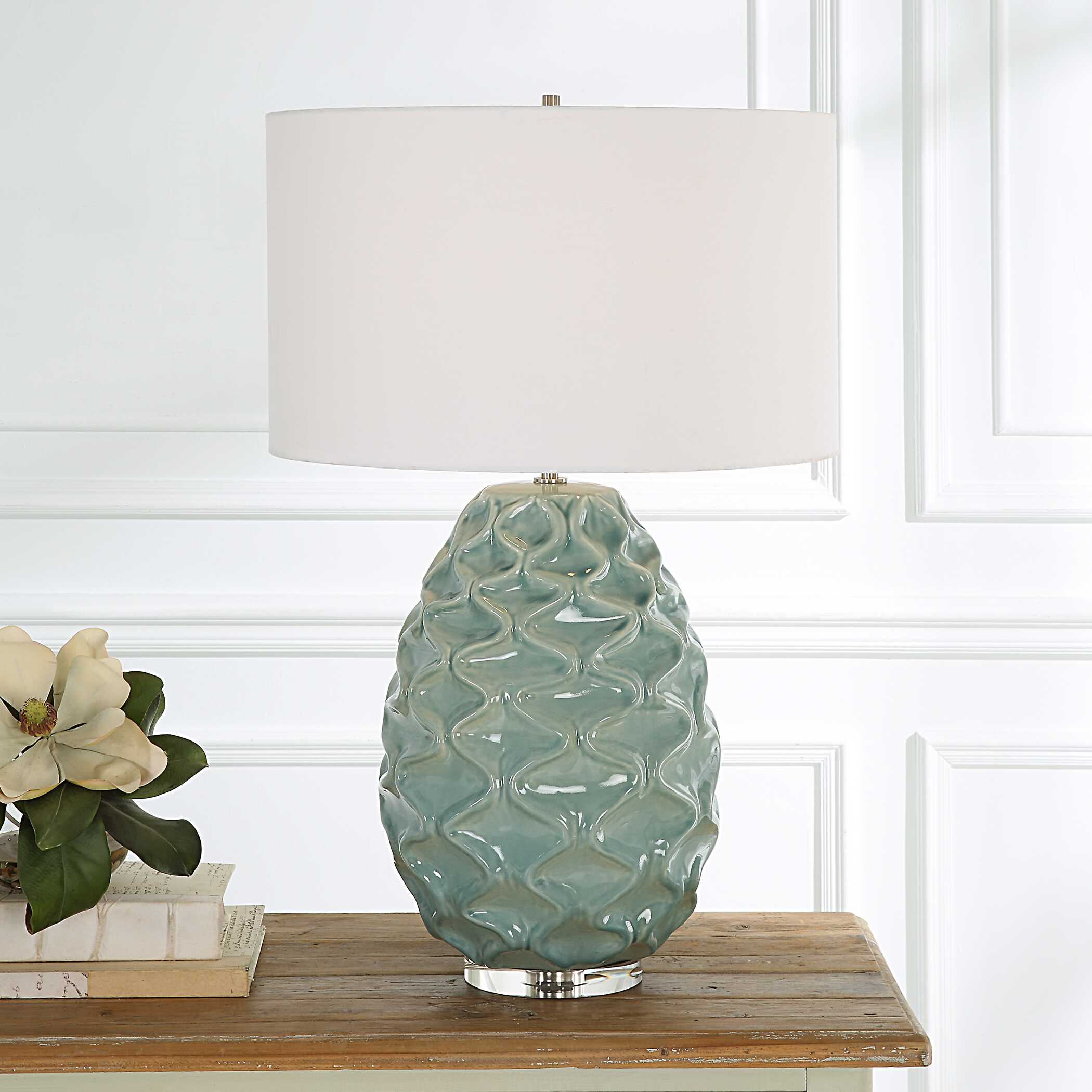 Laced Up Sea Foam Glass Table Lamp - Image 2