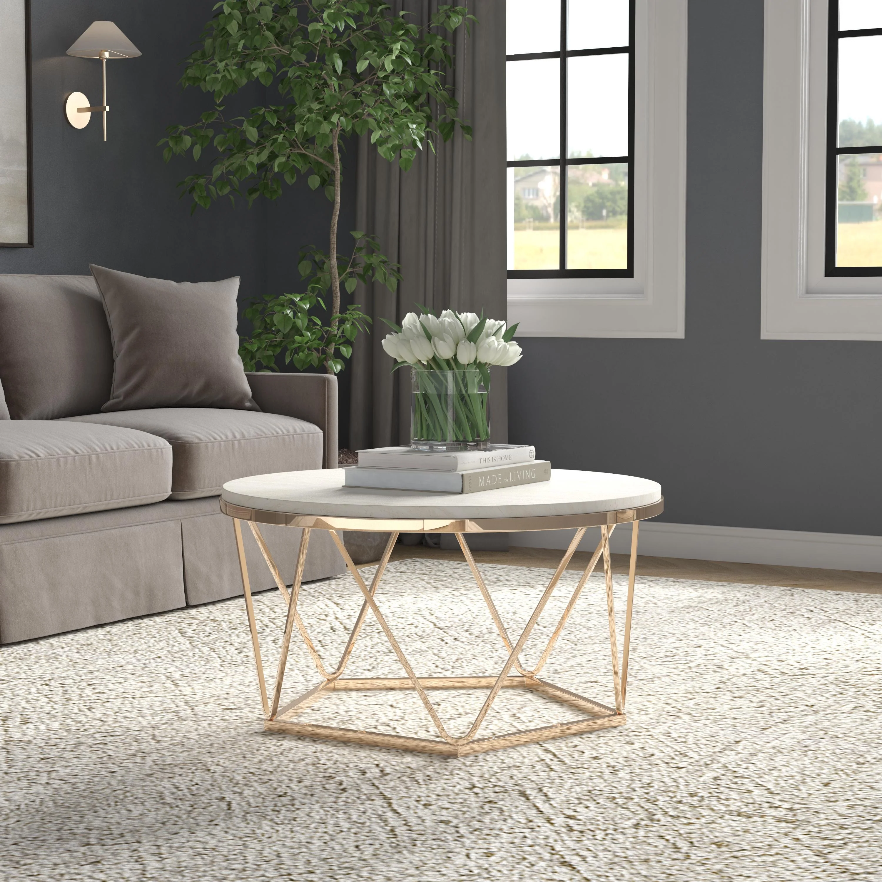 Luna Round Faux Stone Coffee Table - Champagne - Image 2