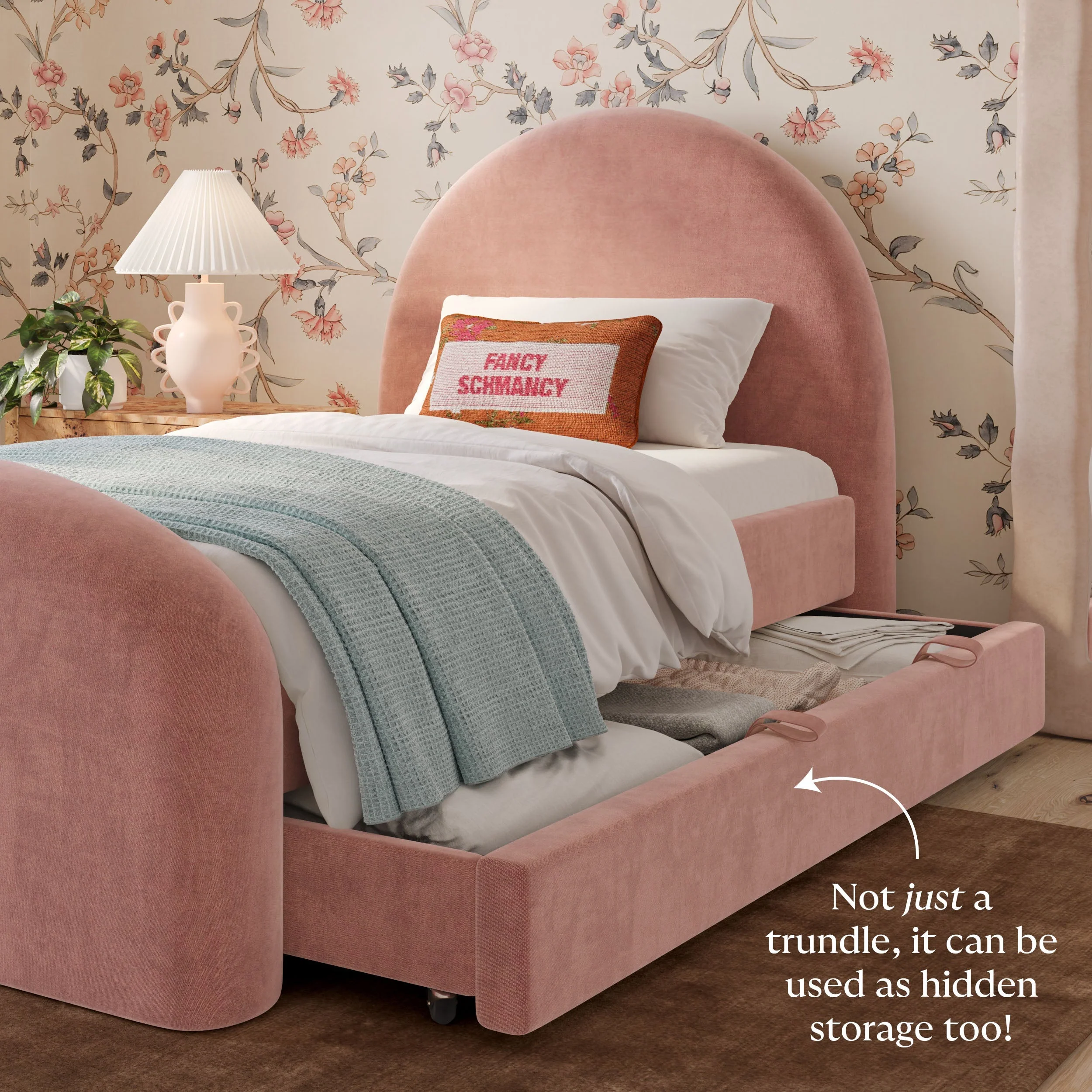 Moon Rose Upcycled Contract-Grade Chenille Twin Trundle Bed - Image 3