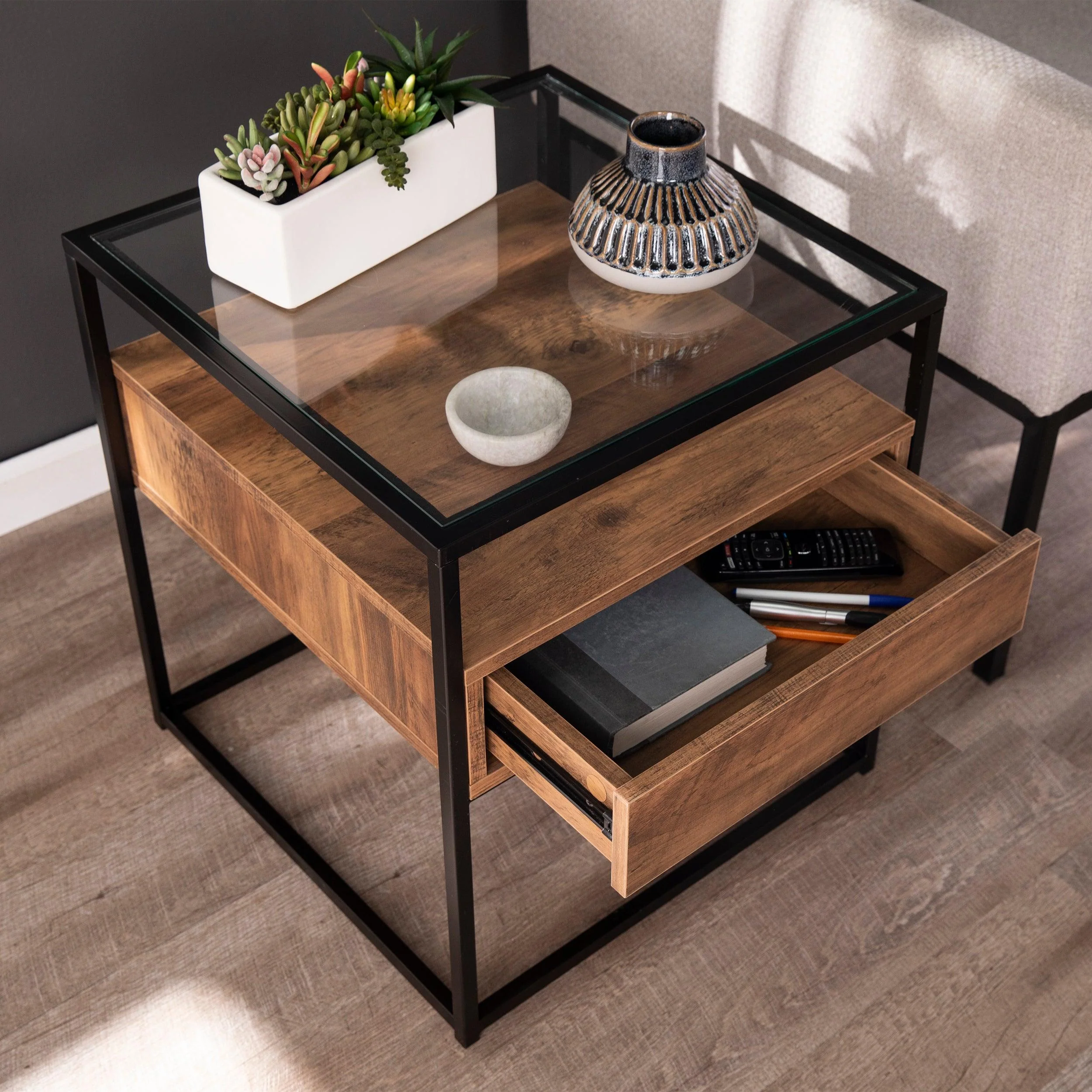 Olivern Glass-Top End Table w/ Storage - Image 6
