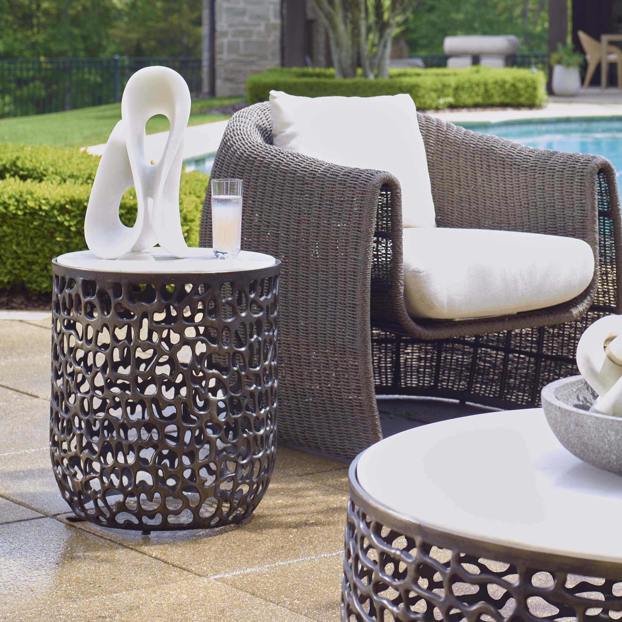 Sabena White Marble Outdoor Side Table - Image 2