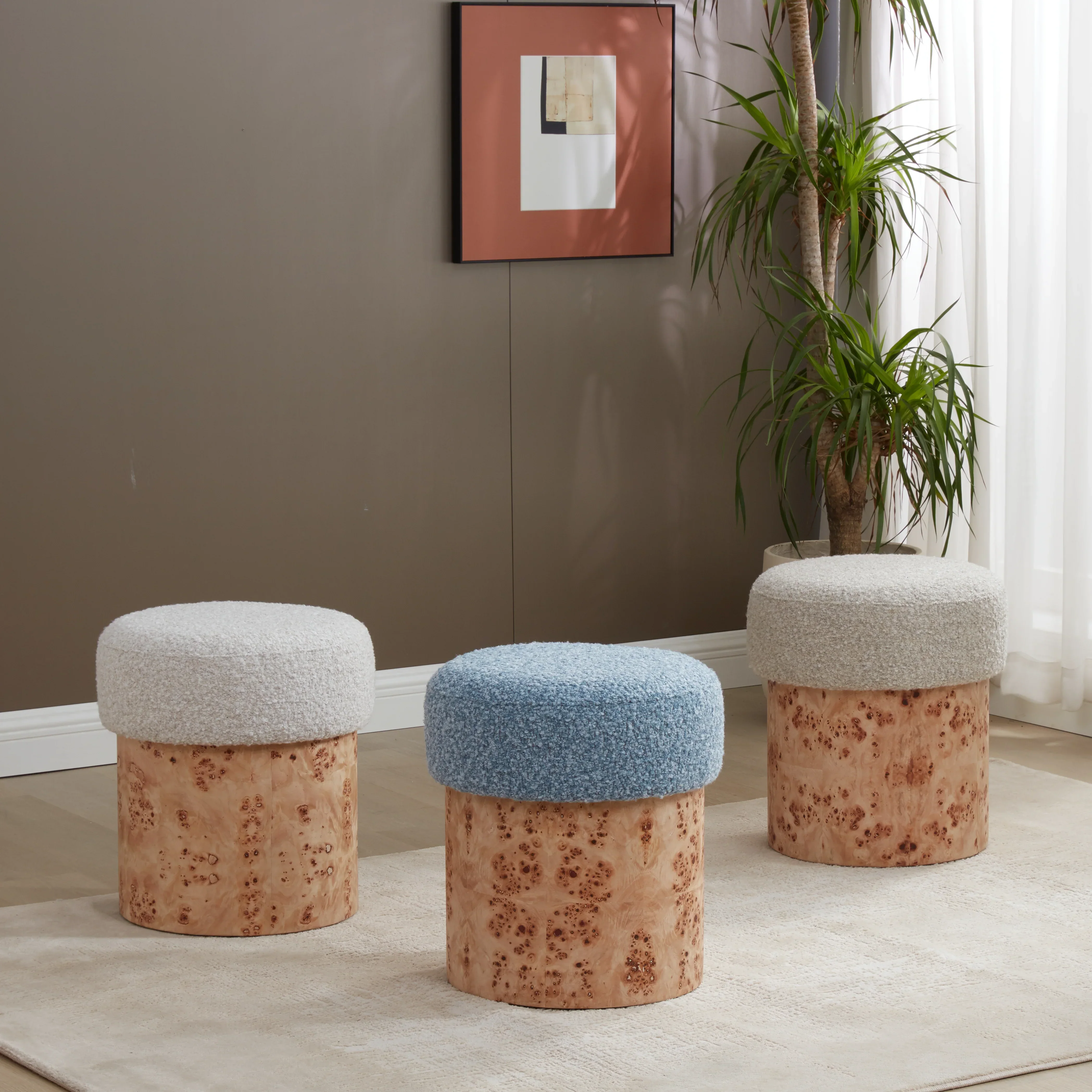 Tobianna Round Boucle And Burl Ottoman - Image 15