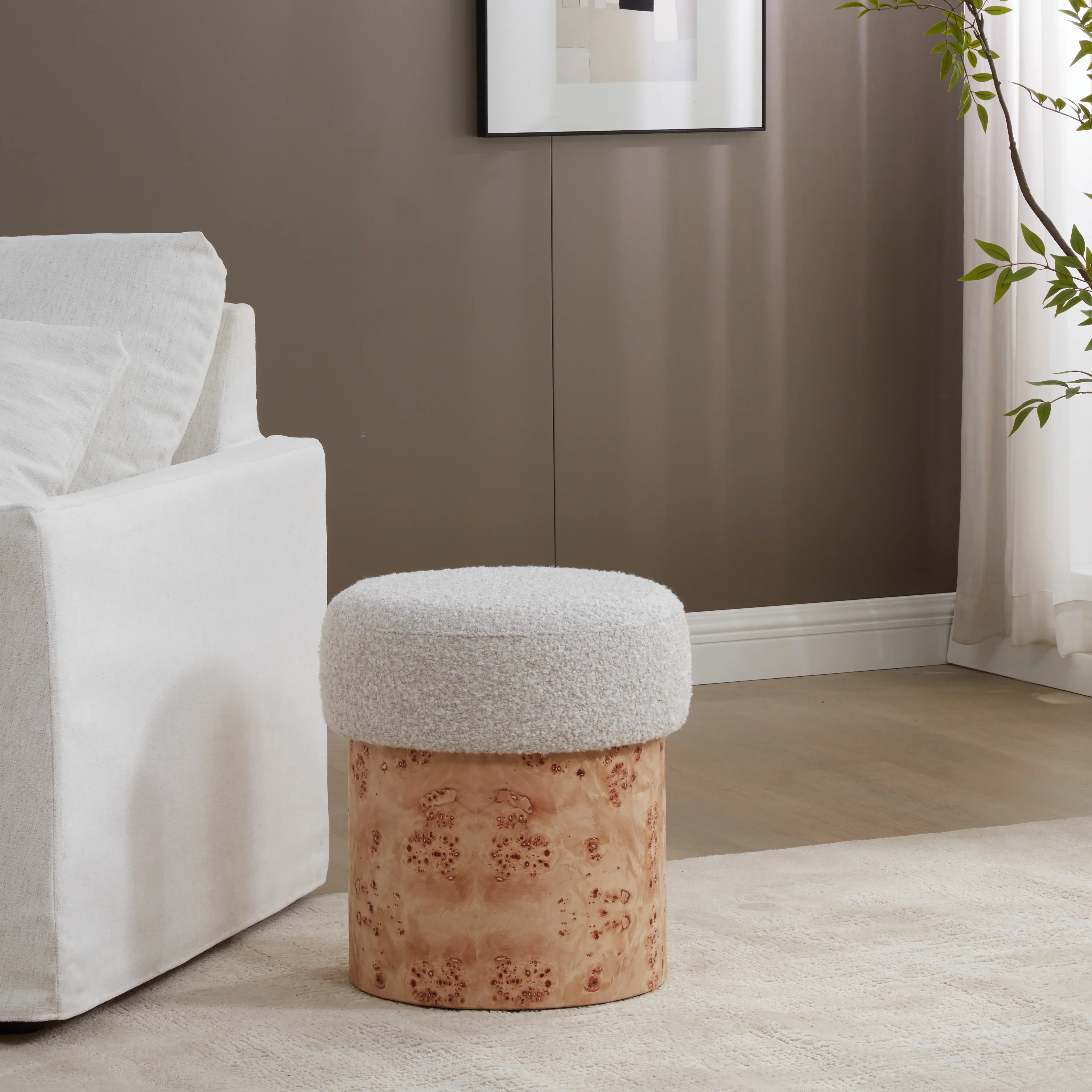Tobianna Round Boucle And Burl Ottoman - Image 4